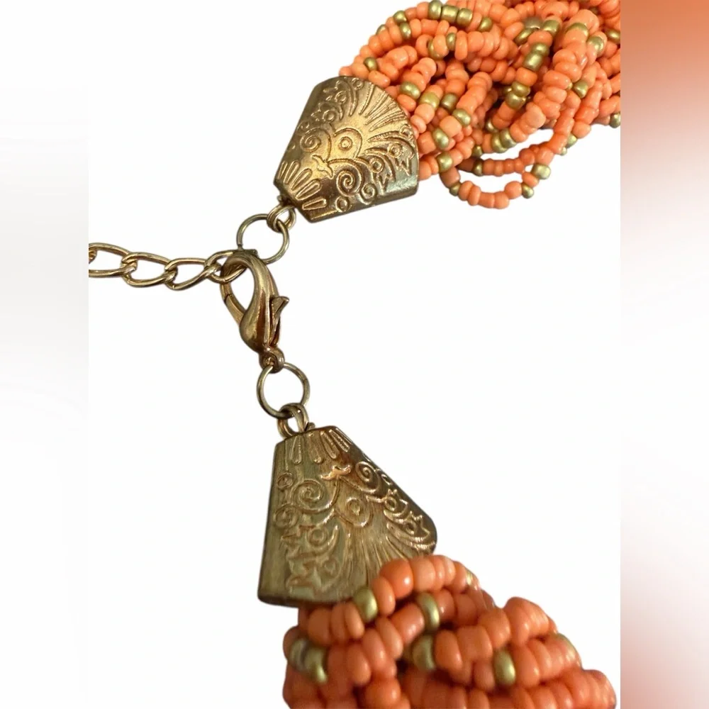 #764 Orange Beaded Statement Flower Necklace | Signed ✴️ Chunky Funky‎ & Bold ✴️